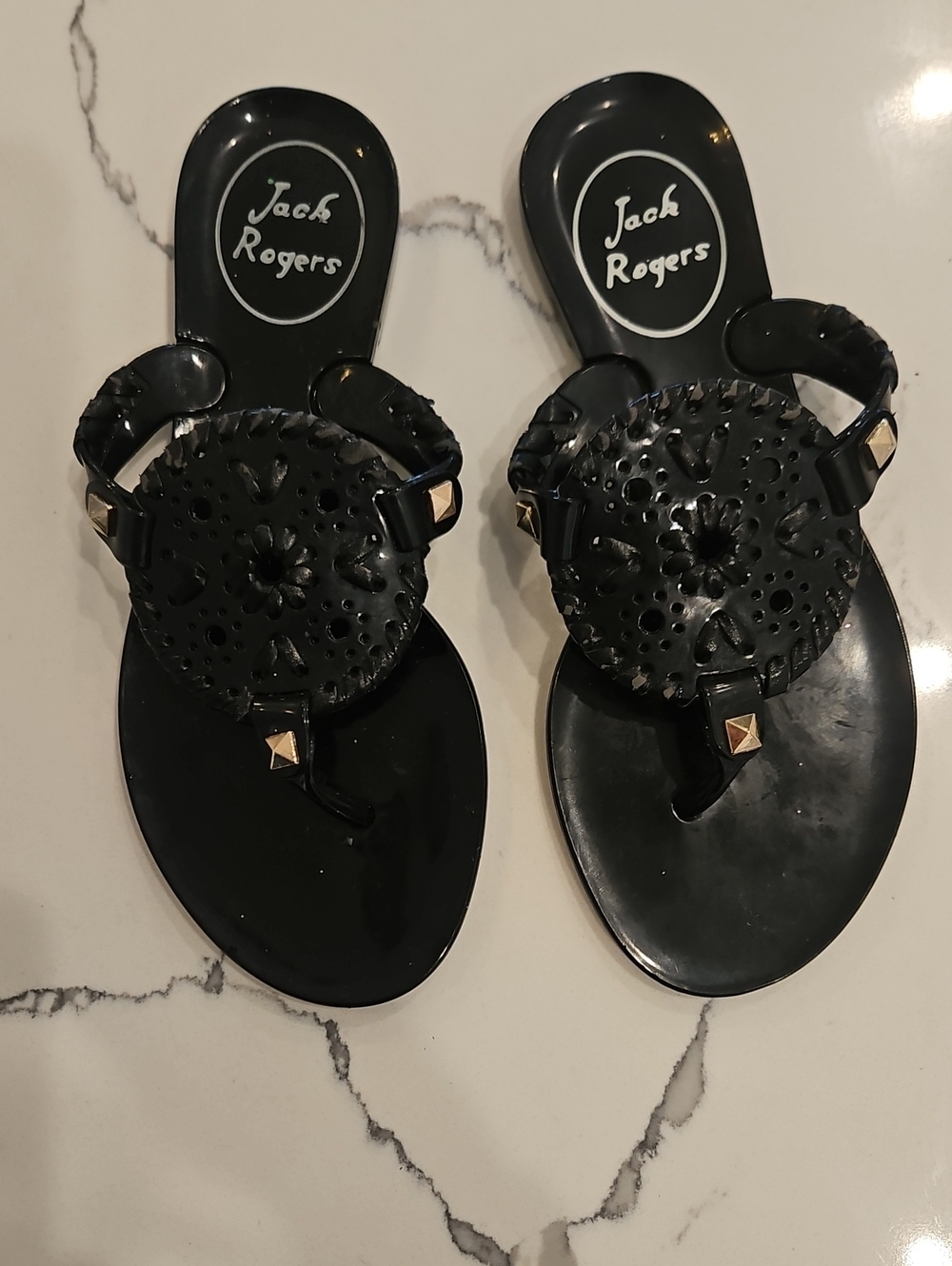 Girls Mini Jack Rogers Black Jelly Sandals with Gold Stud Accents